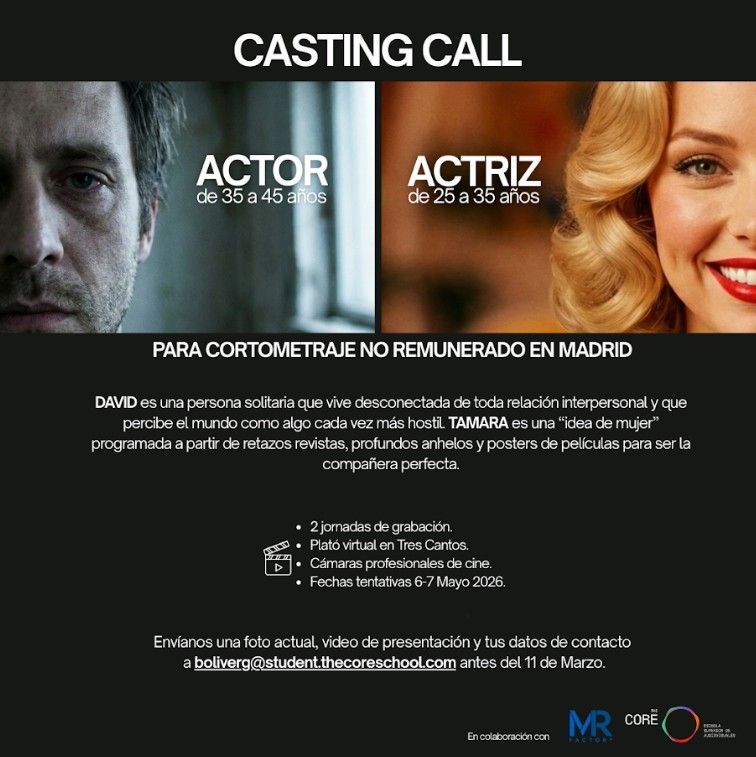 ACTOR (35-45 años) y ACTRIZ (25-35 años) para CORTOMETRAJE de THE CORE SCHOOL en MADRID