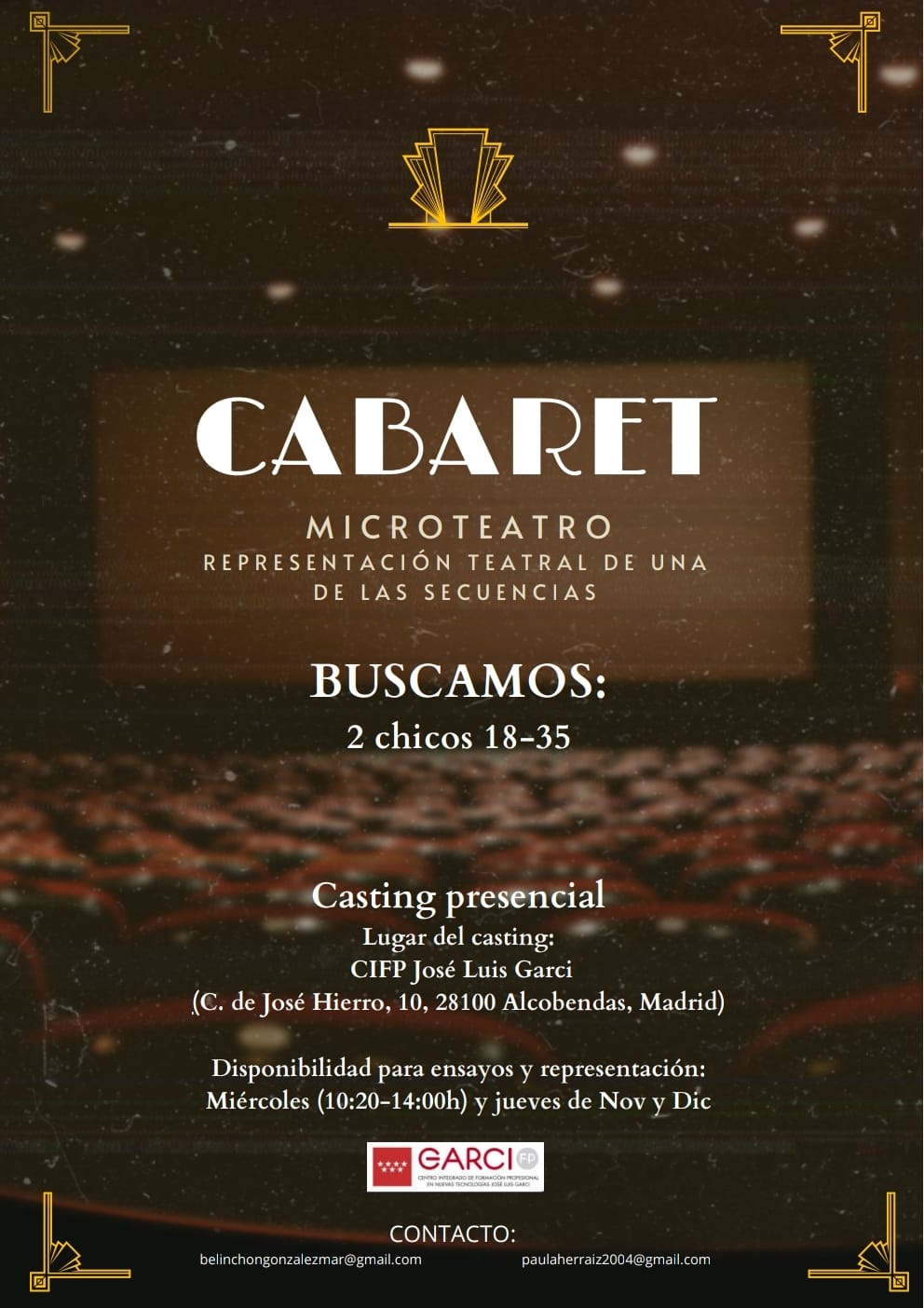Hombres de 18 a 35 años para Microteatro “Cabaret”