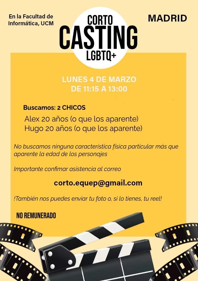 Dos chicos 20 años aprox para Corto LGBTQ+ “¿En quién estás pensando?” en Madrid