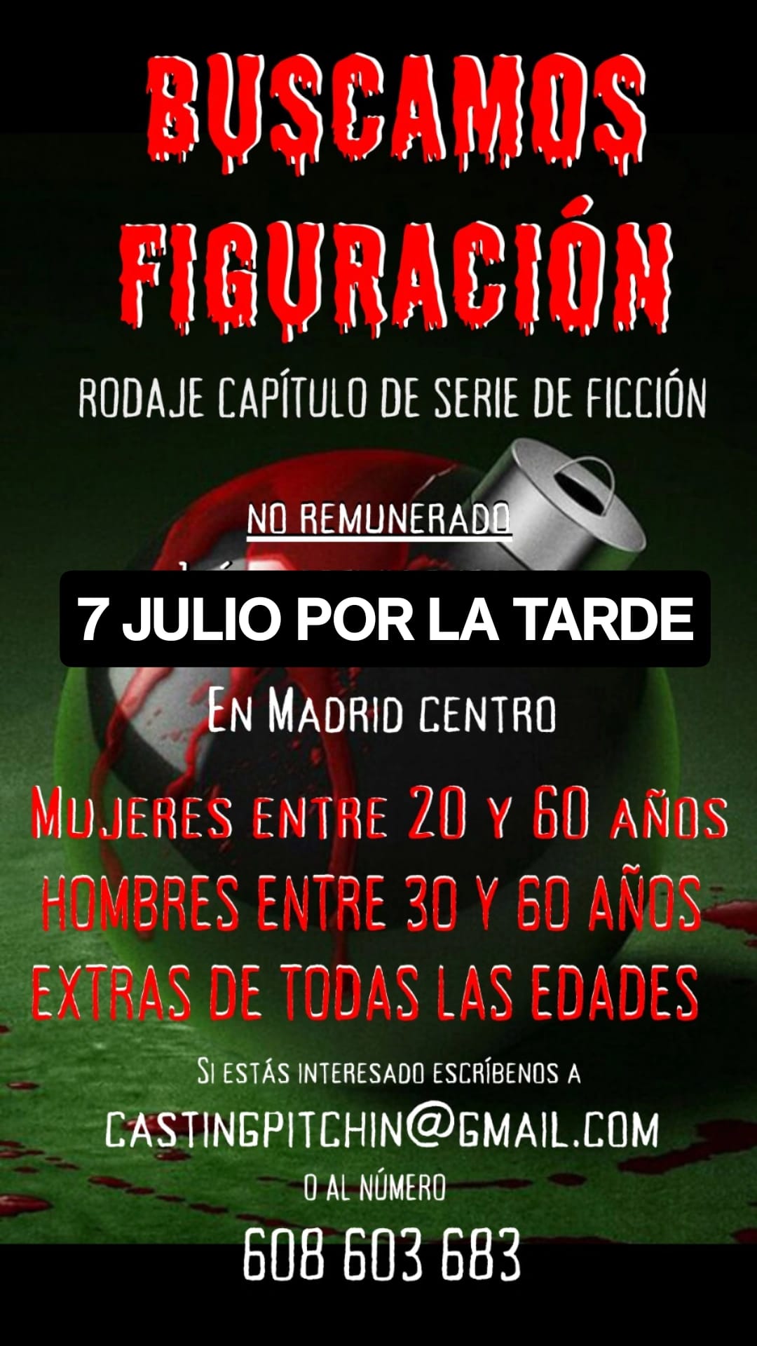 EXTRAS SIN REMUNERACIÓN PARA RODAJE DEL CAPÍTULO DE UNA MINISERIE en Madrid