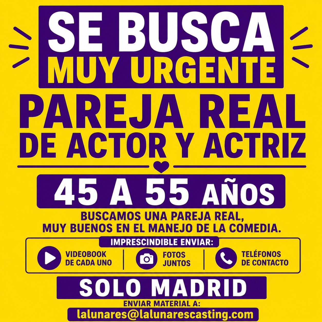 Urge pareja REAL de actor y actriz de 45 a 55 años buenos en la COMEDIA solo en MADRID