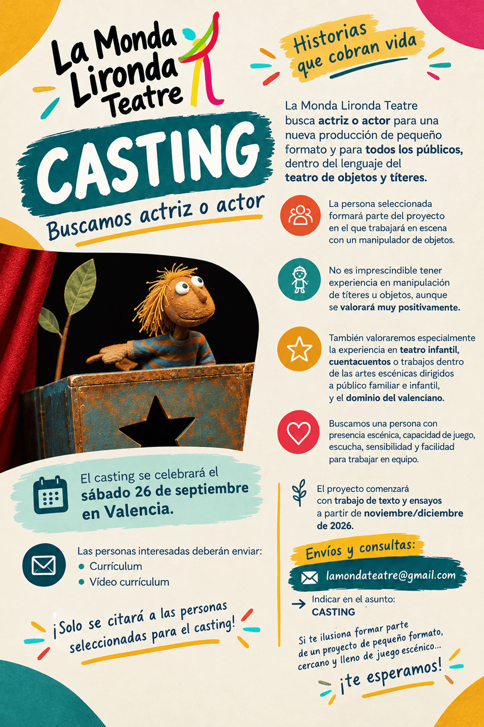 CASTING ACTRIZ/ACTOR PARA PROYECTO DE TEATRO DE TEXTO Y OBJETOS.