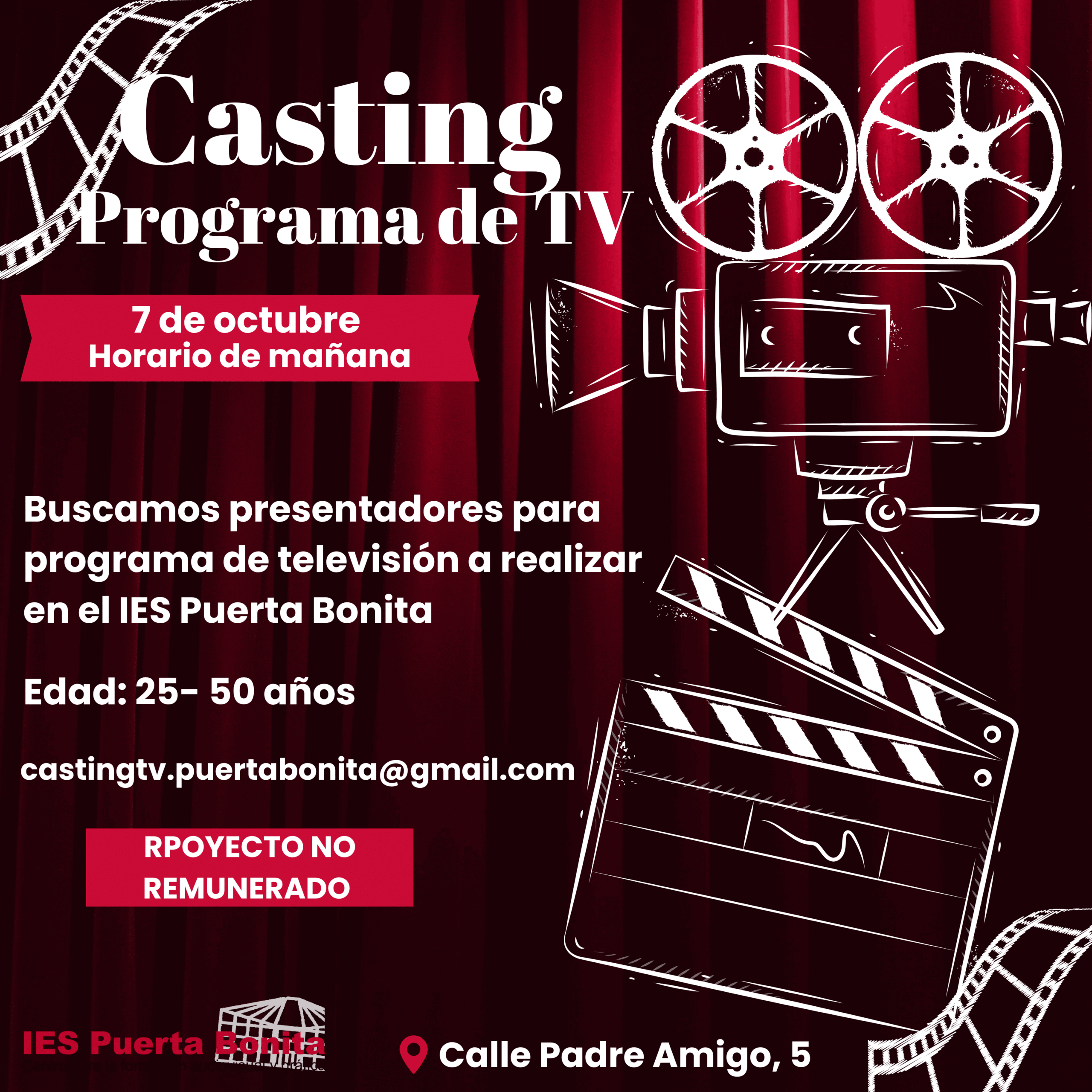 PRESENTADORES/AS de 25 a 50 años PROGRAMA TV EN EL IES PUERTA BONITA en Madrid