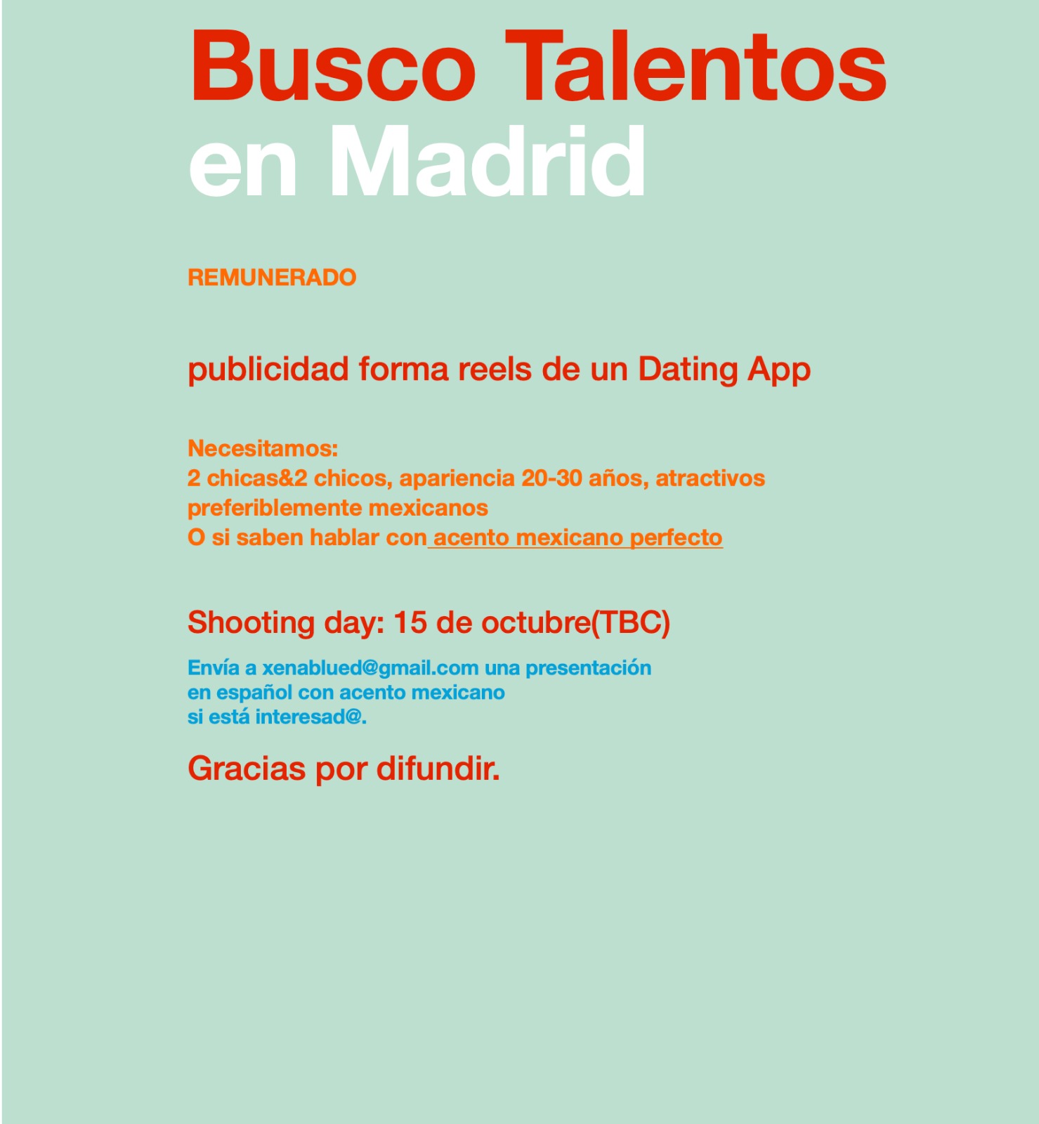 Talentos chicos/as de 20 a 30 años con acento mexicano para publicidad vertical en Madrid