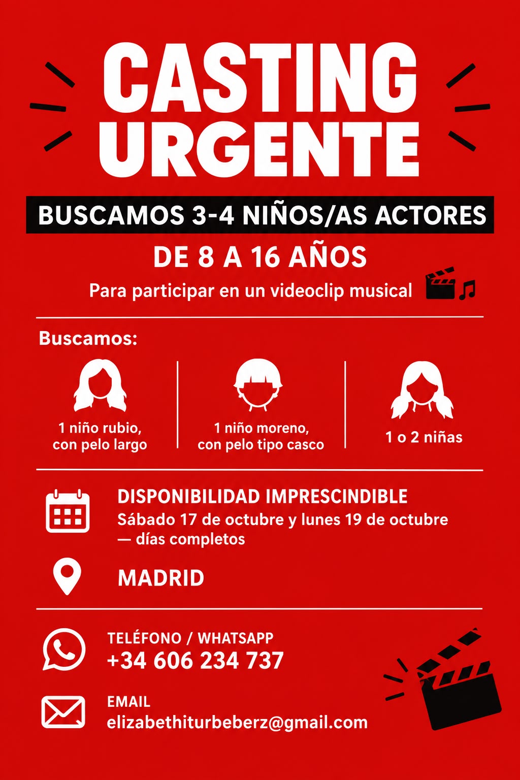 Casting infantil URGENTE para videoclip de conocido grupo español en Madrid